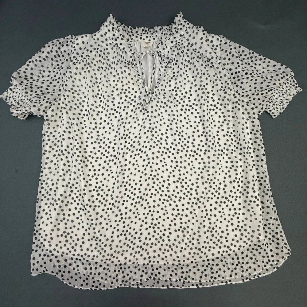 Anthropologie Autres Filles Blouse Women 1X White Polka Dot Tie Neck Romantic